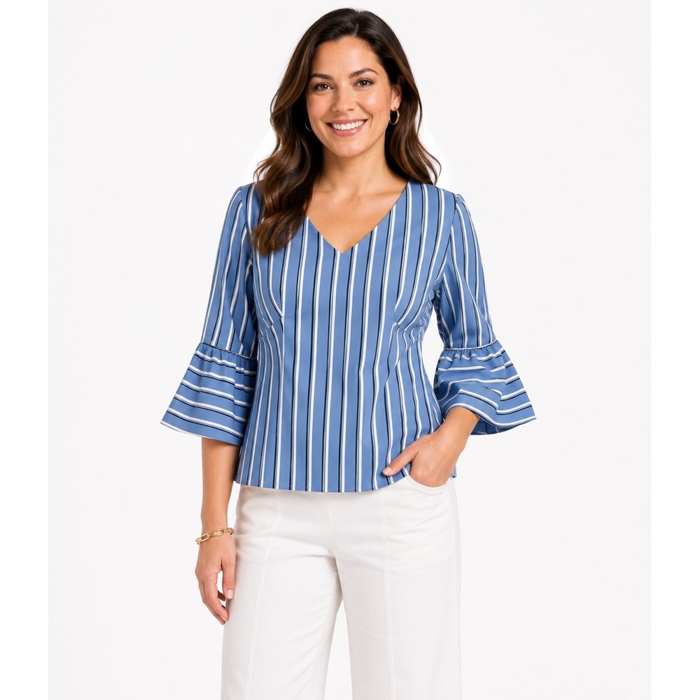 White House Black‎ Market Emma Stripe Blouse Bluebell White Bell Sleeve 4 NEW